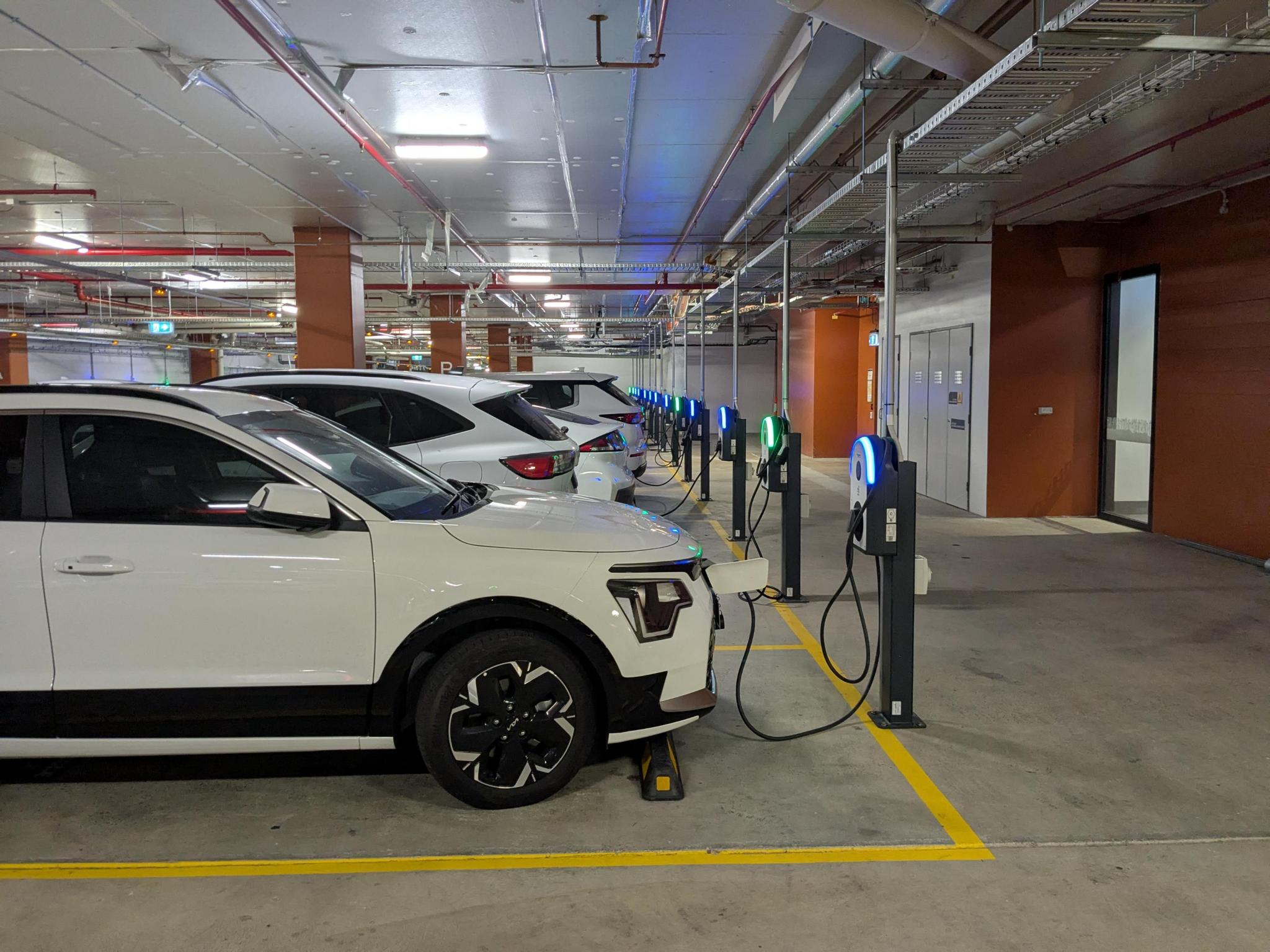 A flock of EVs charging by Paul Wayper
