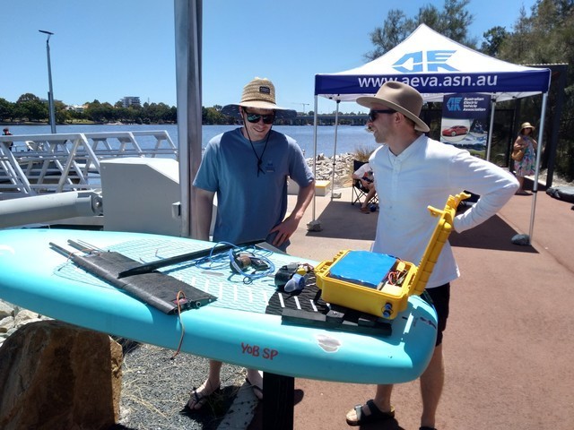 Michael Thomas displays his home made hydrofoil at Aquakhana