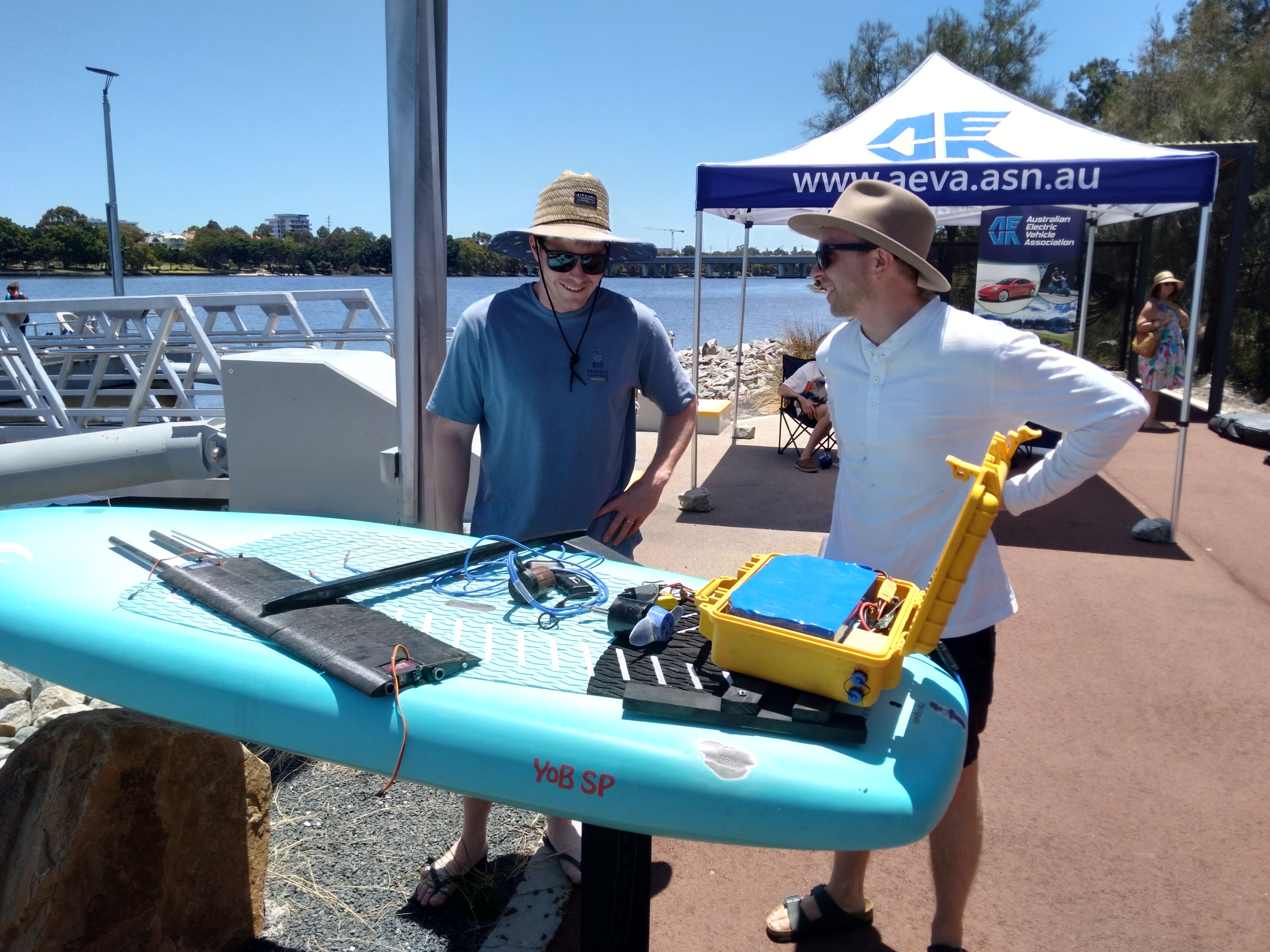 Michael Thomas displays his home made hydrofoil at Aquakhana